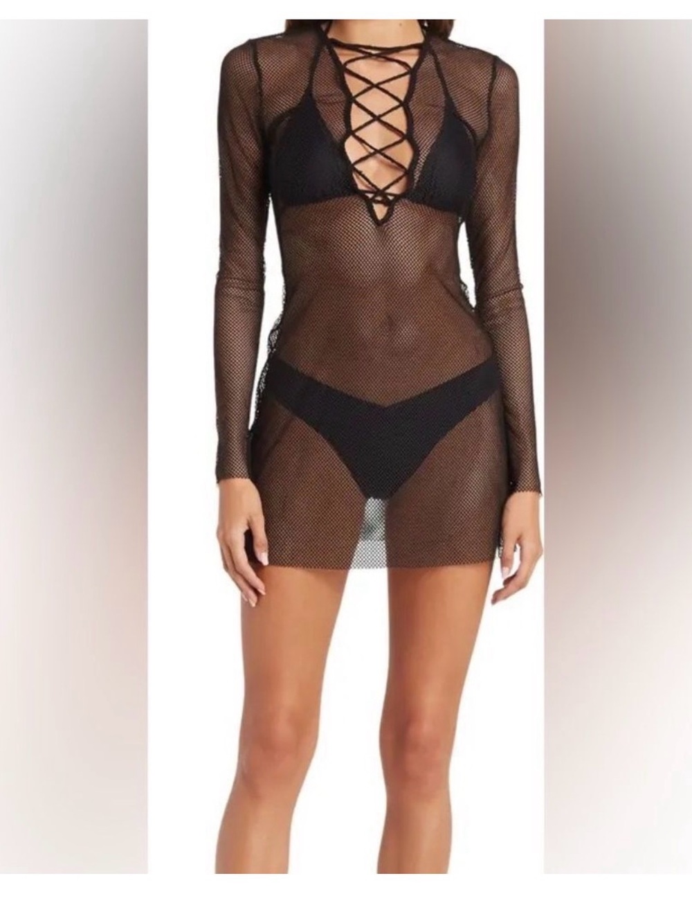 WeWoreWhat Black Mesh Long Sleeve Swim Coverup